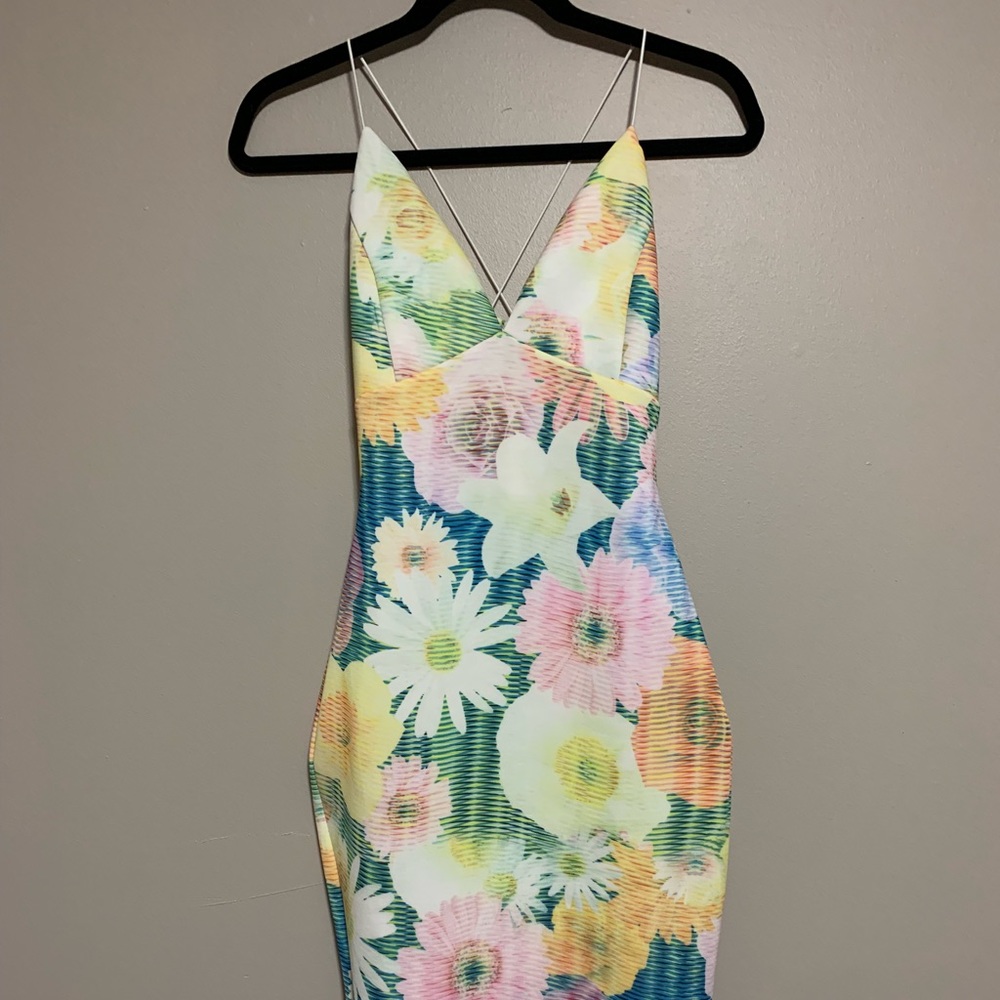 Flowery tight stretchy yellow/green strapy dress